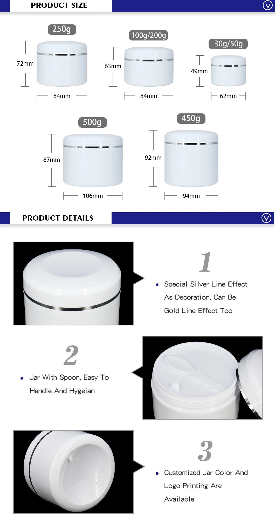 Custom Cosmetic Packaging Skincare 30g 50g 100g 200g 250g 500g Plastic Cream Jars with Spoon